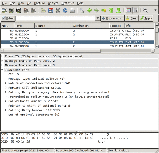screenshot of wireshark decoding SS7 ISUP